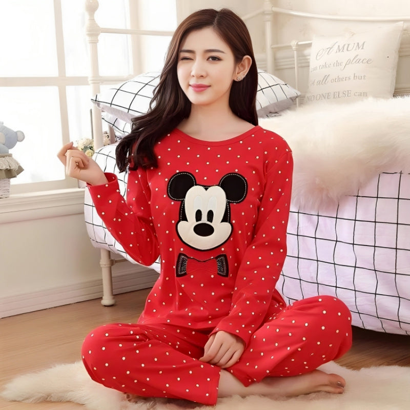 Mickey Mouse Printed Cotton Night Suit Set Casual Loungewear For Ladies