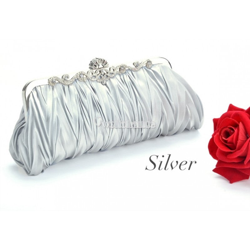 Fashionable and Vintage Ruched Satin Clutch Hand Bag with Silver Floral Clasp