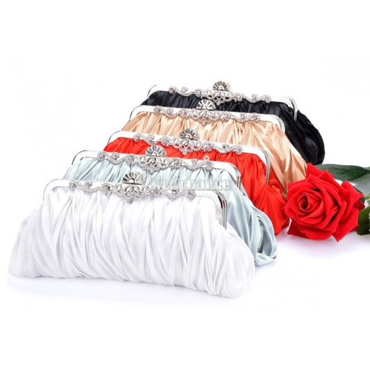 Fashionable and Vintage Ruched Satin Clutch Hand Bag with Silver Floral Clasp