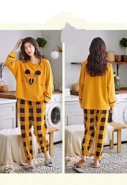 Cotton Night Suit Set Bear Face Printed Casual Loungewear For Ladies