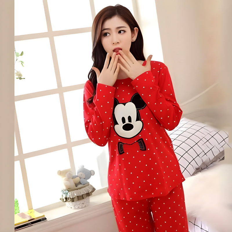 Mickey Mouse Printed Cotton Night Suit Set Casual Loungewear For Ladies