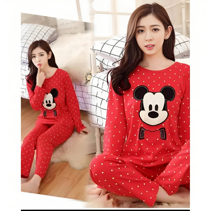 Mickey Mouse Printed Cotton Night Suit Set Casual Loungewear For Ladies