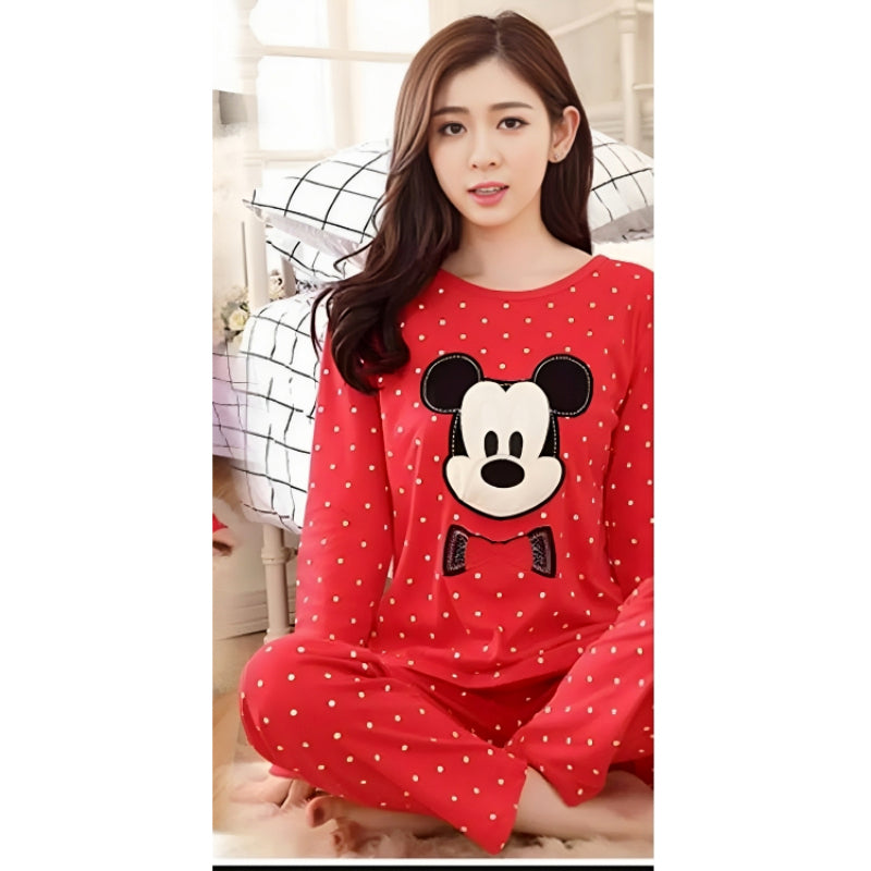 Mickey Mouse Printed Cotton Night Suit Set Casual Loungewear For Ladies