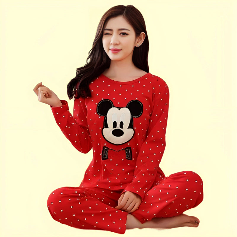 Mickey Mouse Printed Cotton Night Suit Set Casual Loungewear For Ladies